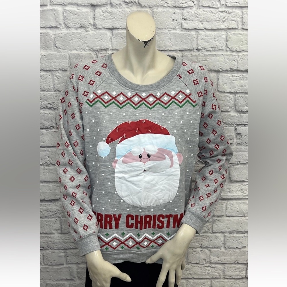 HP RUDOLPH THE RED NOSED REINDEER JUNIOR’S GRAY SANTA CLAUS PRINT SWEATSHIRT TOP